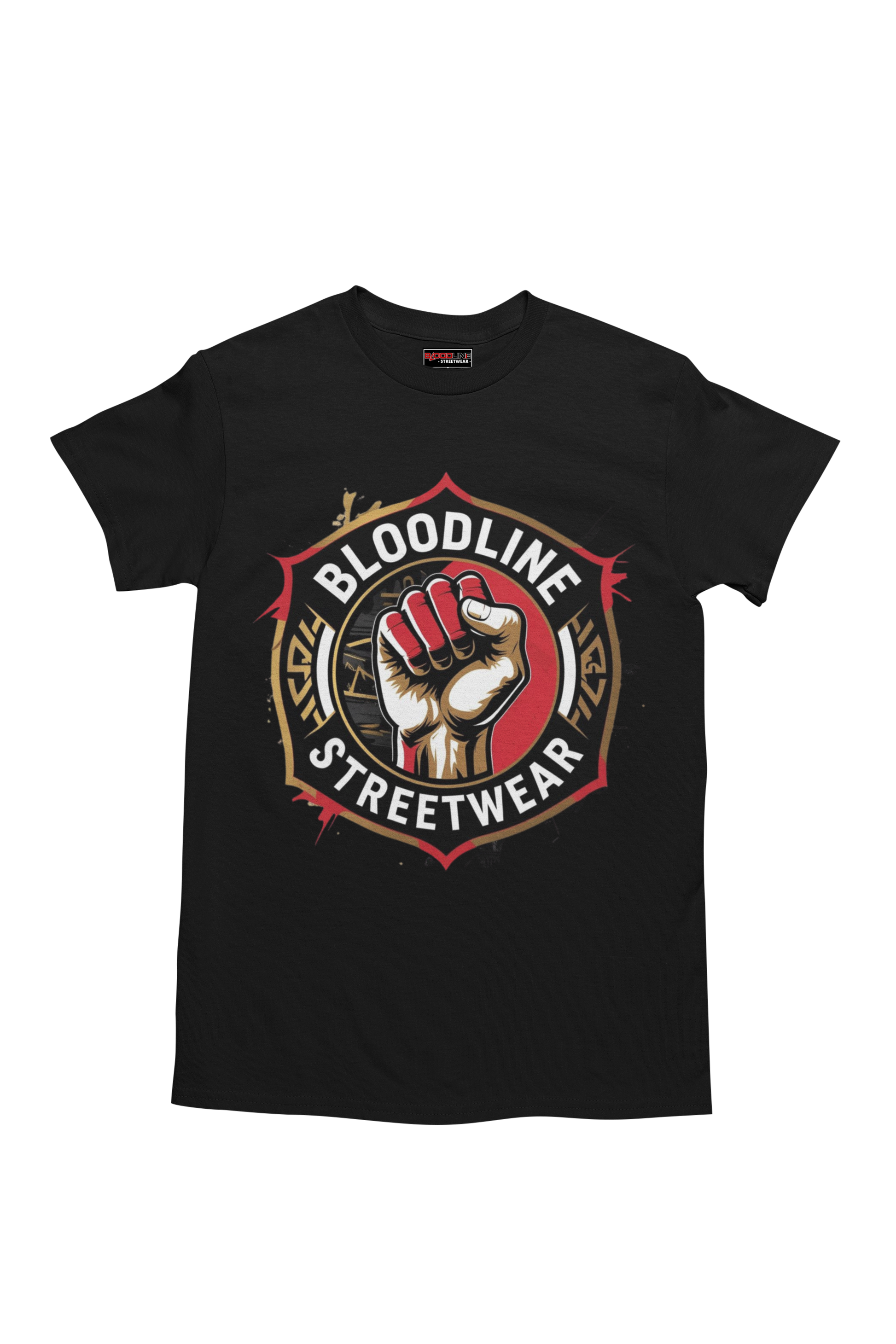 Black t-shirt with a fist graphic and 'Bloodline Streetwear' text on a white background