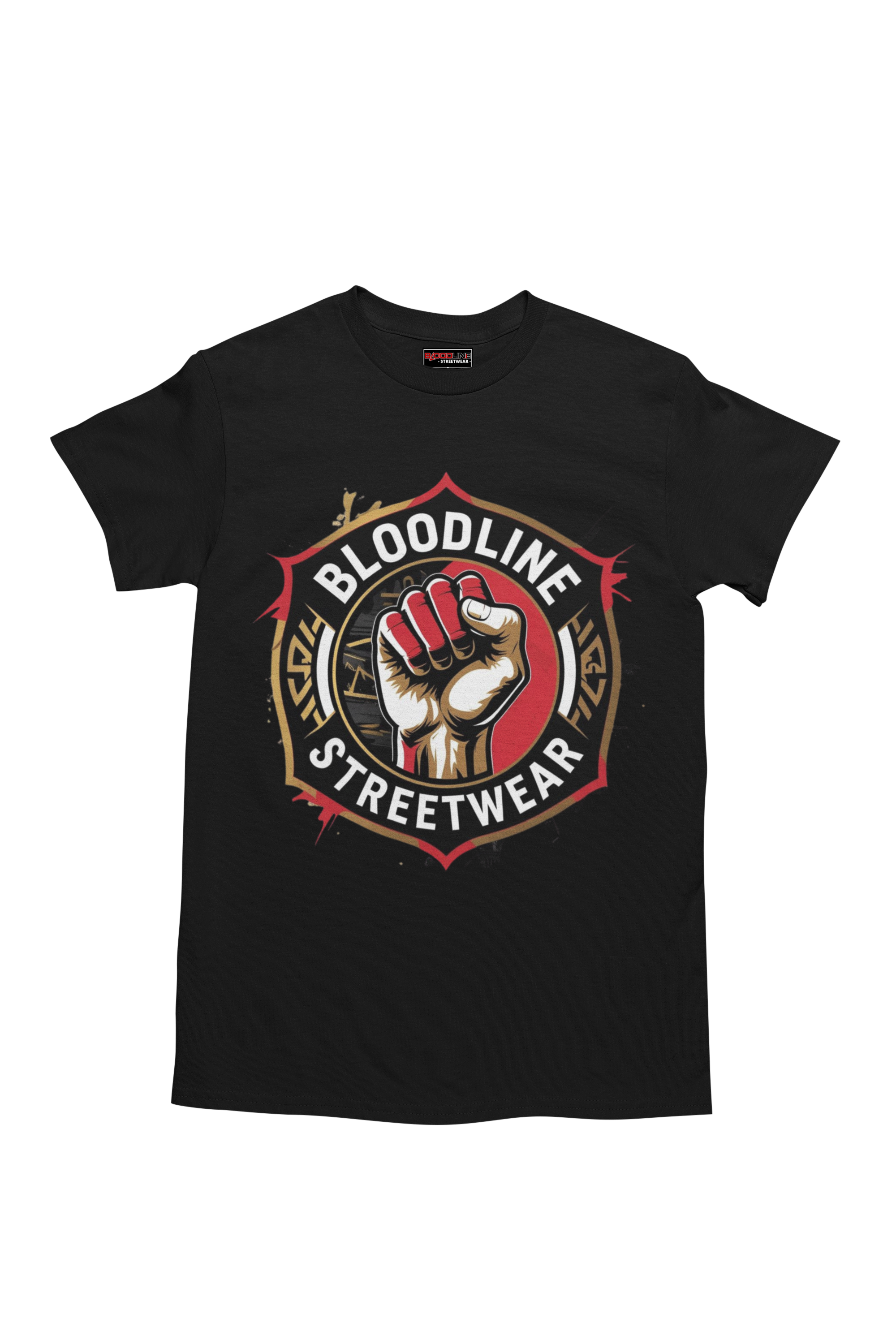 Black t-shirt with a fist graphic and 'Bloodline Streetwear' text on a white background