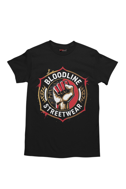 Black t-shirt with a fist graphic and 'Bloodline Streetwear' text on a white background