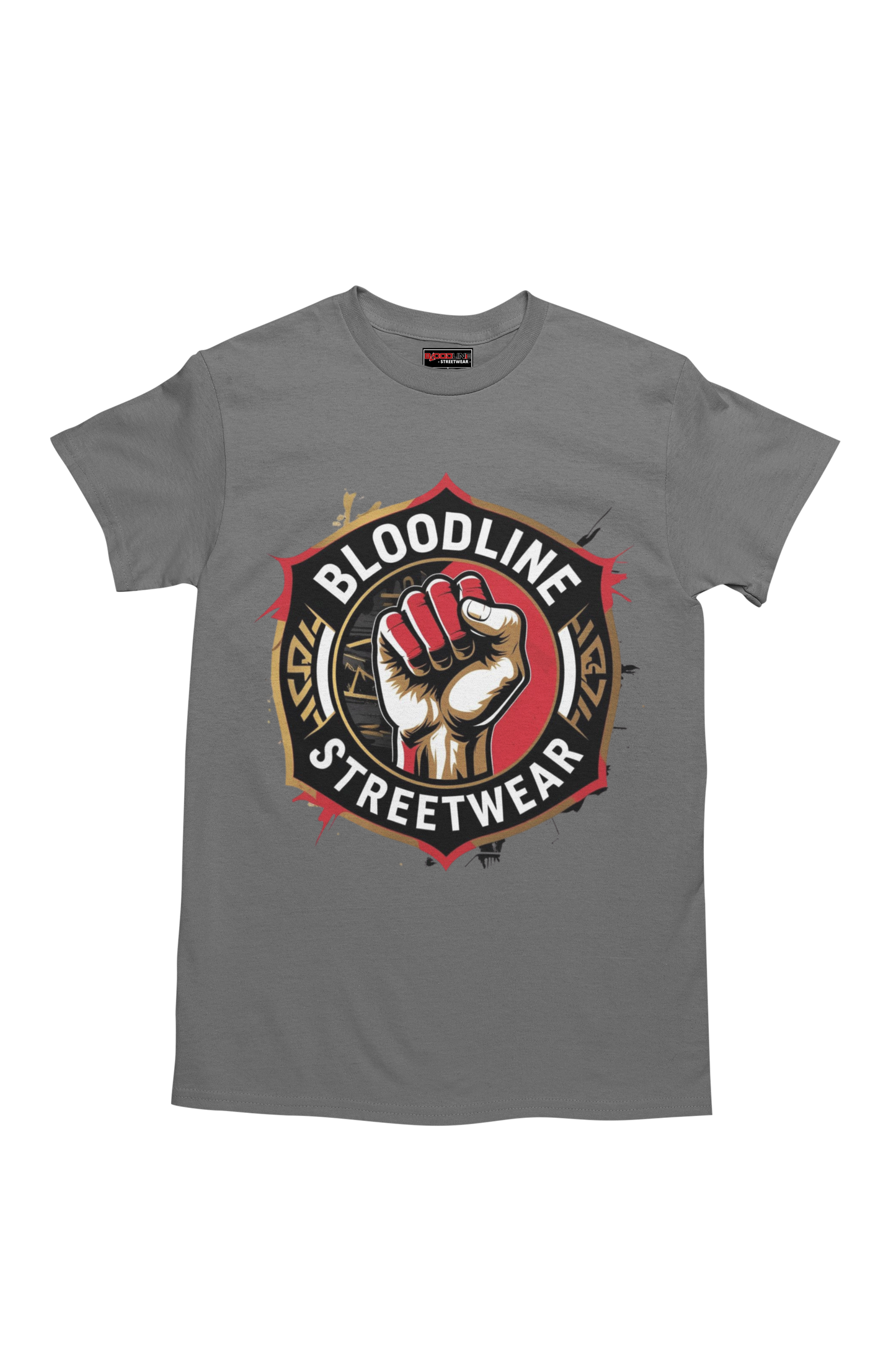 Charcoal t-shirt with Bloodline Streetwear logo featuring a raised fist on a white background