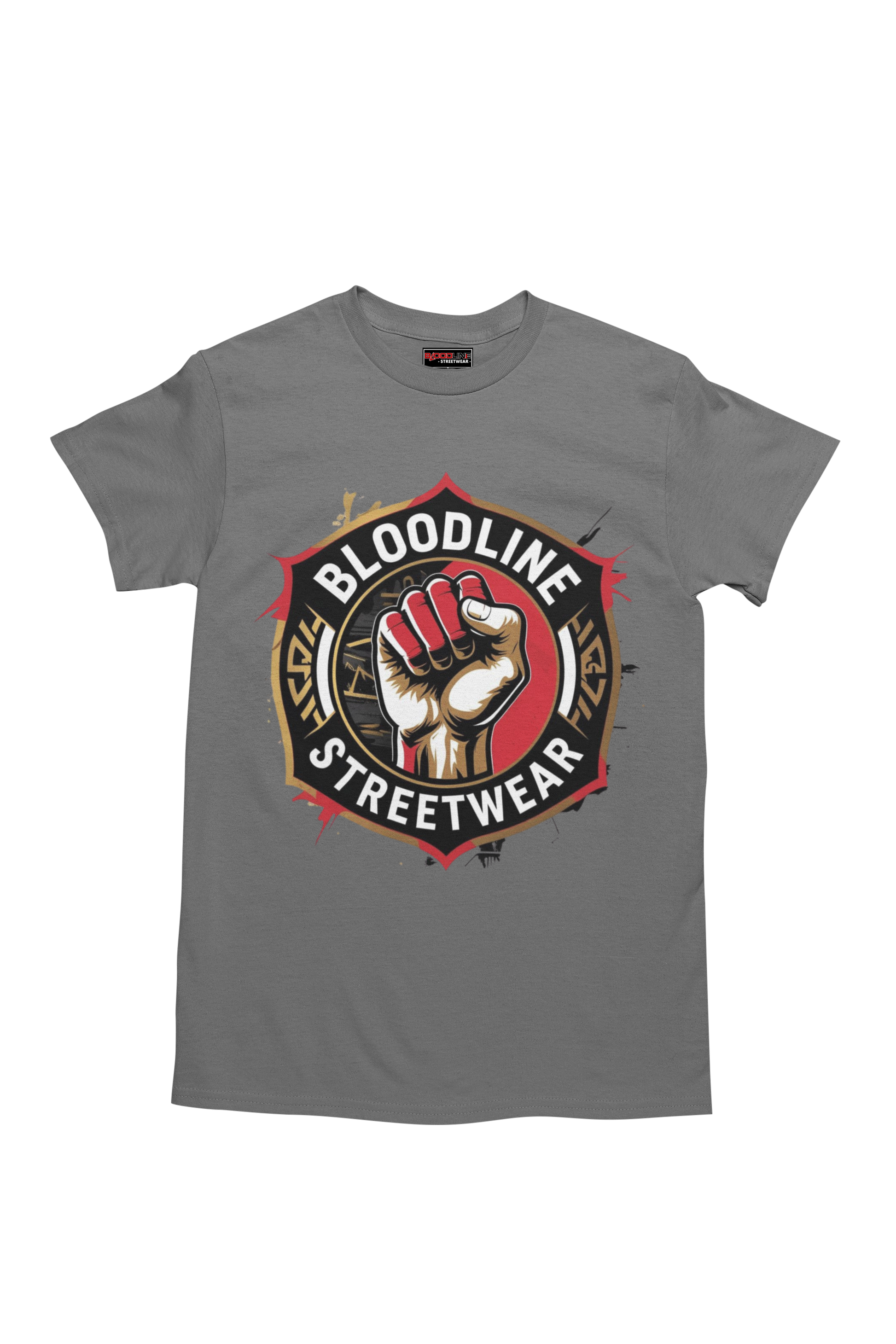 Charcoal t-shirt with Bloodline Streetwear logo featuring a raised fist on a white background