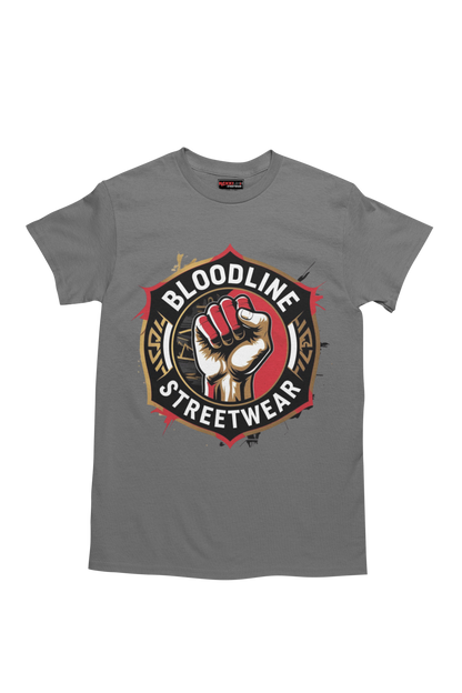 Charcoal t-shirt with Bloodline Streetwear logo featuring a raised fist on a white background