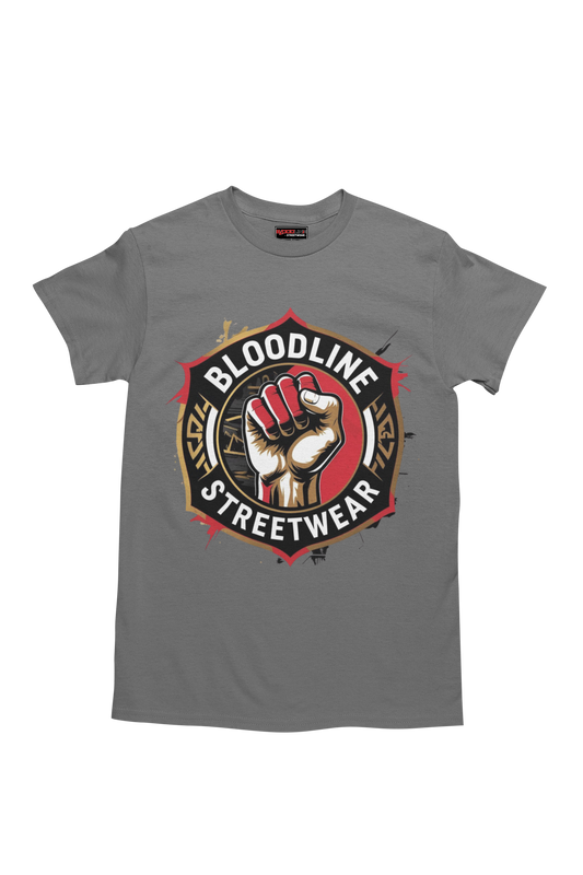 Charcoal t-shirt with Bloodline Streetwear logo featuring a raised fist on a white background