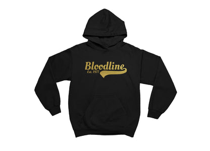 Black hoodie with 'Bloodline Est. 1977' text in gold on a white background