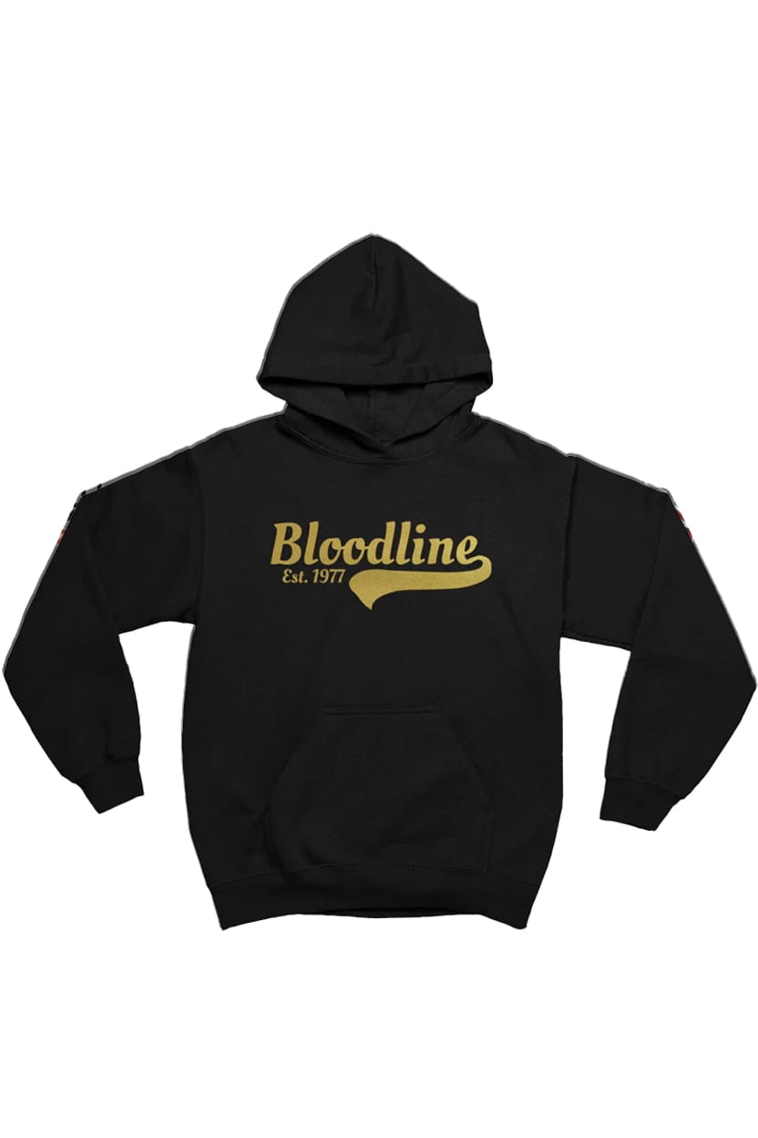 Black hoodie with 'Bloodline Est. 1977' text in gold on a white background
