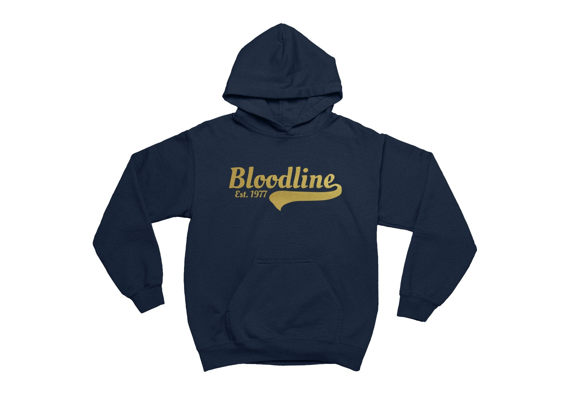 Navy blue hoodie with 'Bloodline Est. 1977' text in gold on a white background