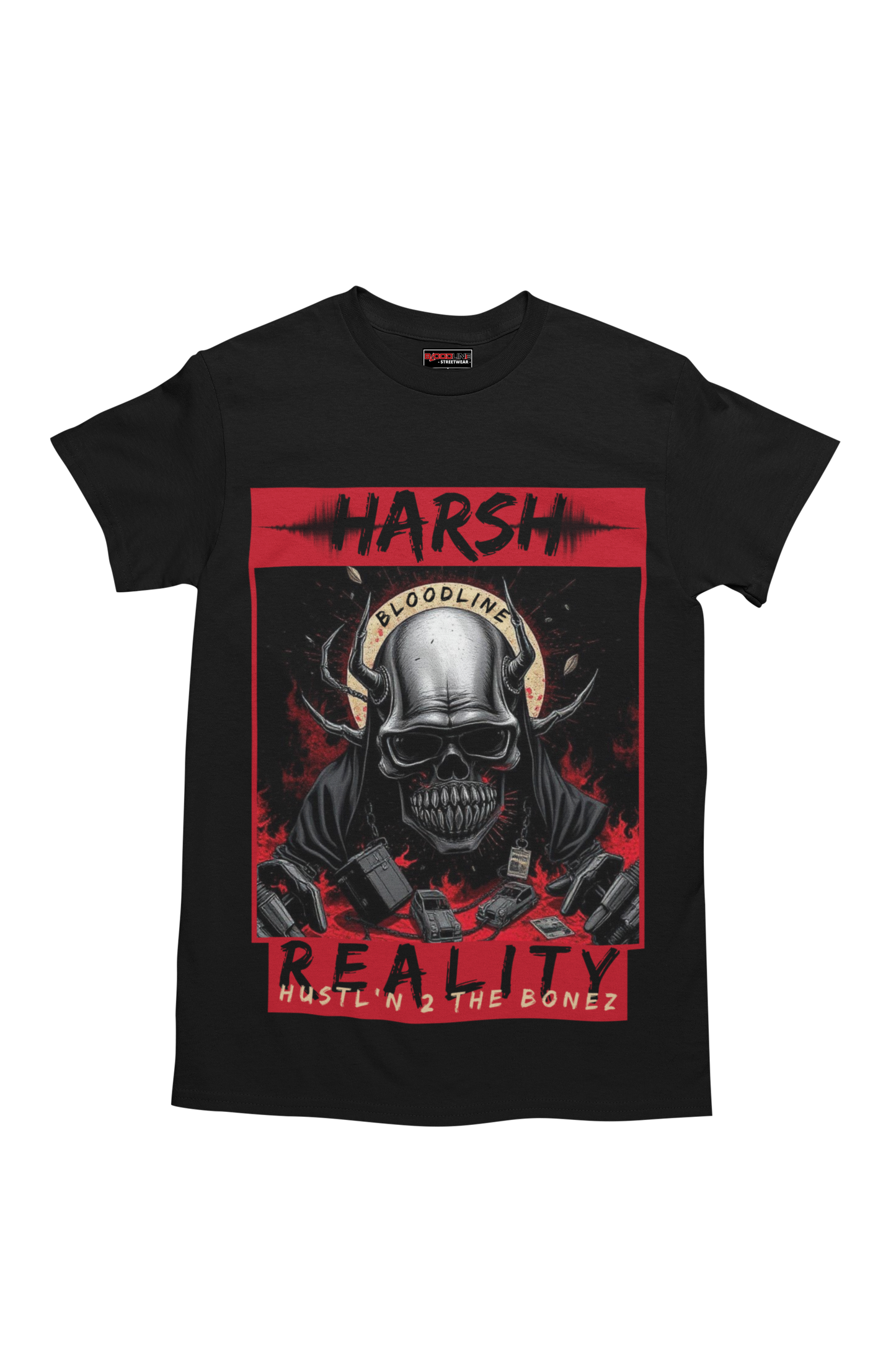 Black t-shirt with a graphic design featuring a skull and text on a white background