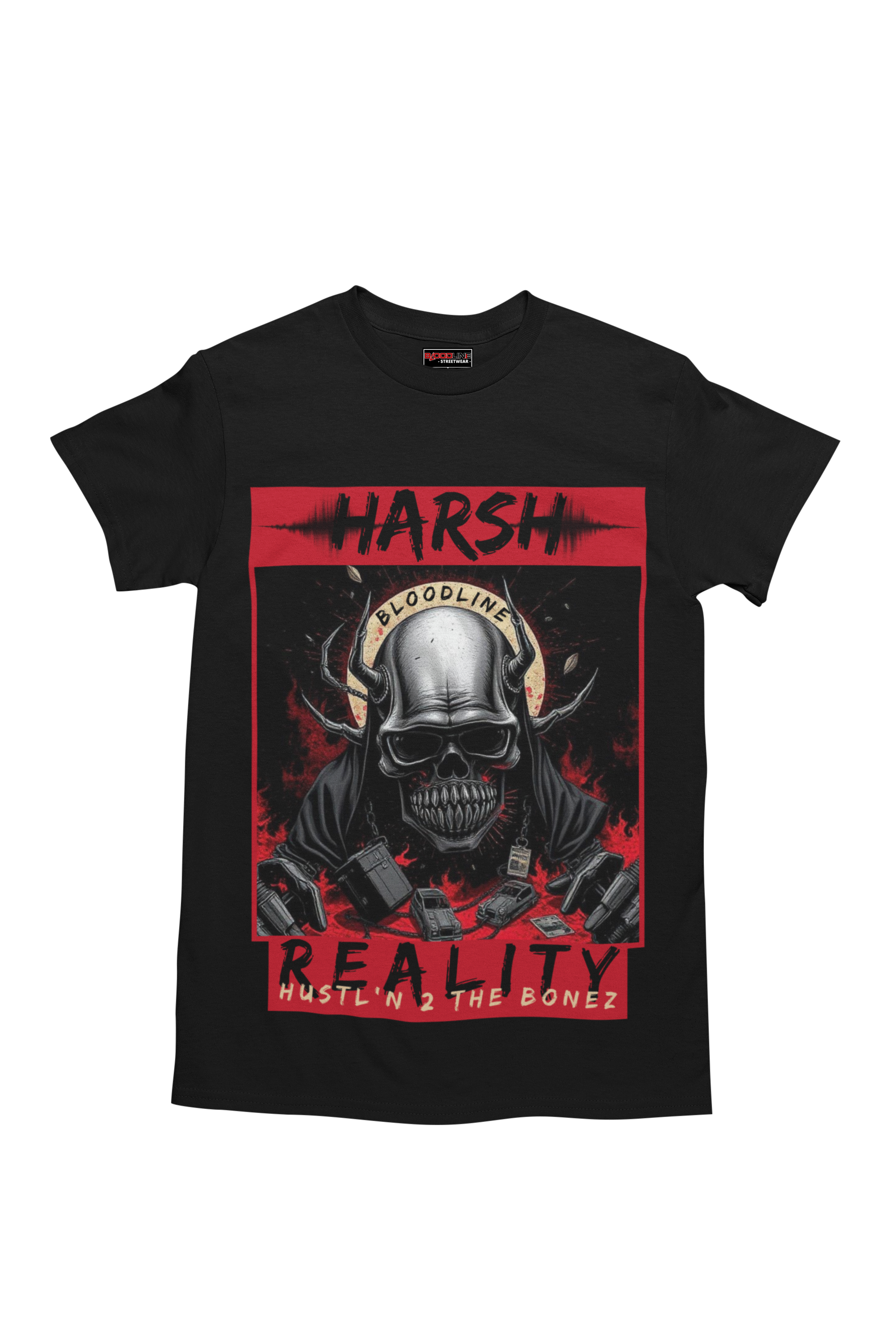 Black t-shirt with a graphic design featuring a skull and text on a white background