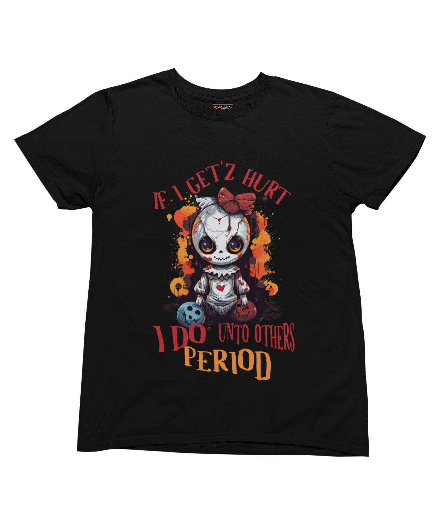 Black t-shirt with a graphic design and text on a white background