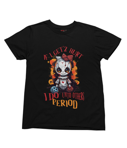 Black t-shirt with a graphic design and text on a white background