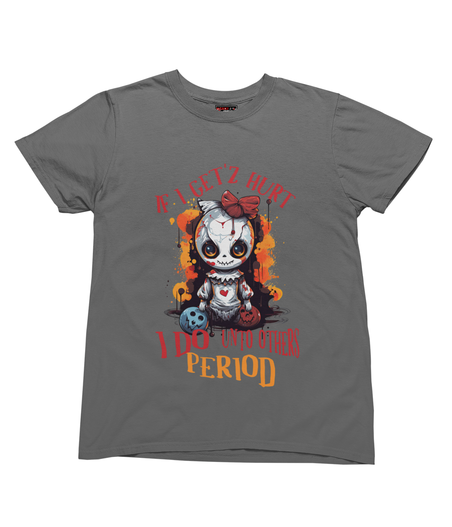 Charcoal t-shirt with a graphic design and text on a white background