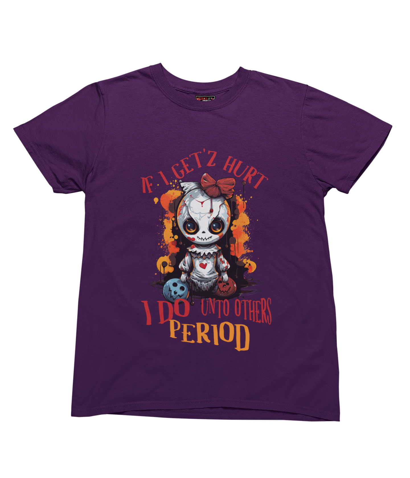 Purple t-shirt with a graphic design and text on a white background