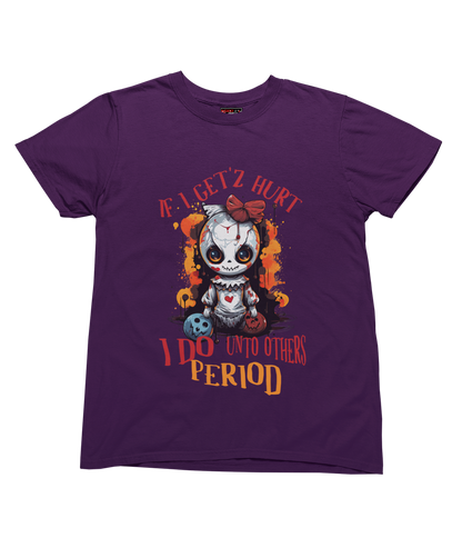 Purple t-shirt with a graphic design and text on a white background