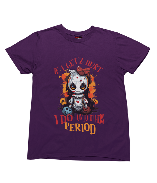 Purple t-shirt with a graphic design and text on a white background