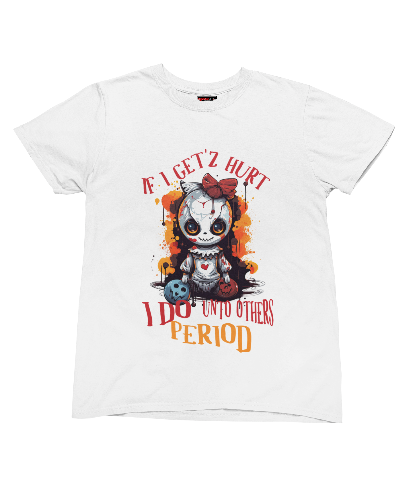 White t-shirt with a graphic design and text on a white background