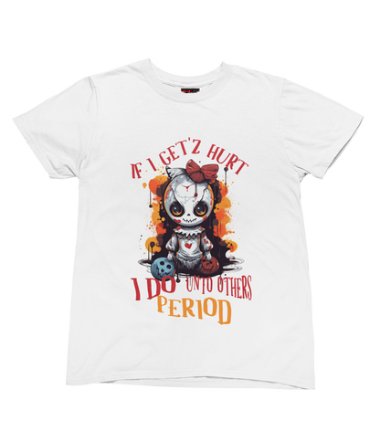 White t-shirt with a graphic design and text on a white background