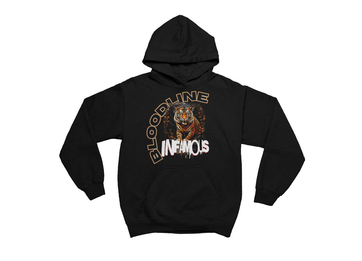 Black hoodie with a tiger graphic and text on a white background