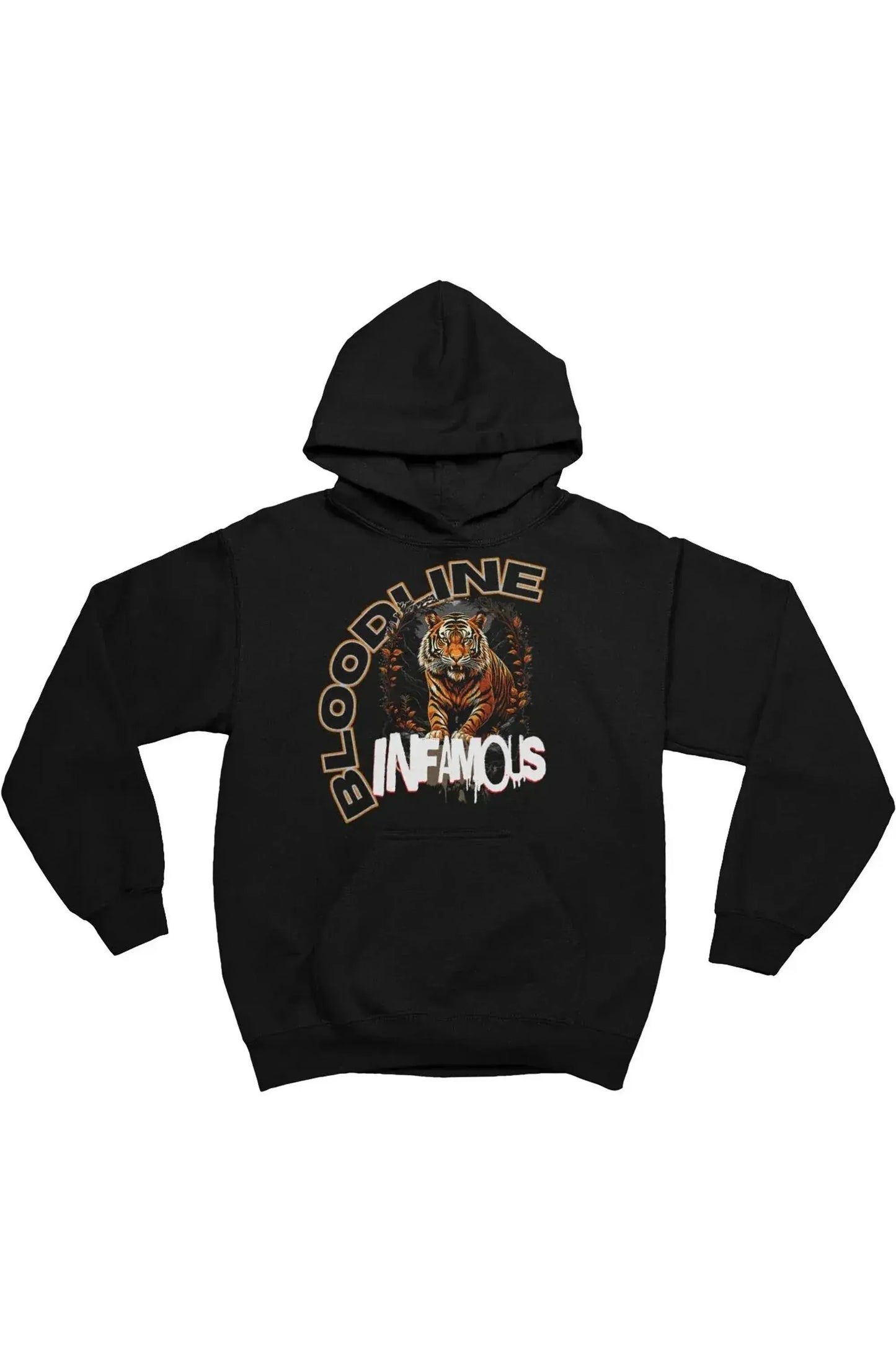 A black pullover hoodie with a graphic on the chest featuring a tiger and the words 'BLOODLINE INFAMOUS' in stylized lettering, shown against a plain white background.