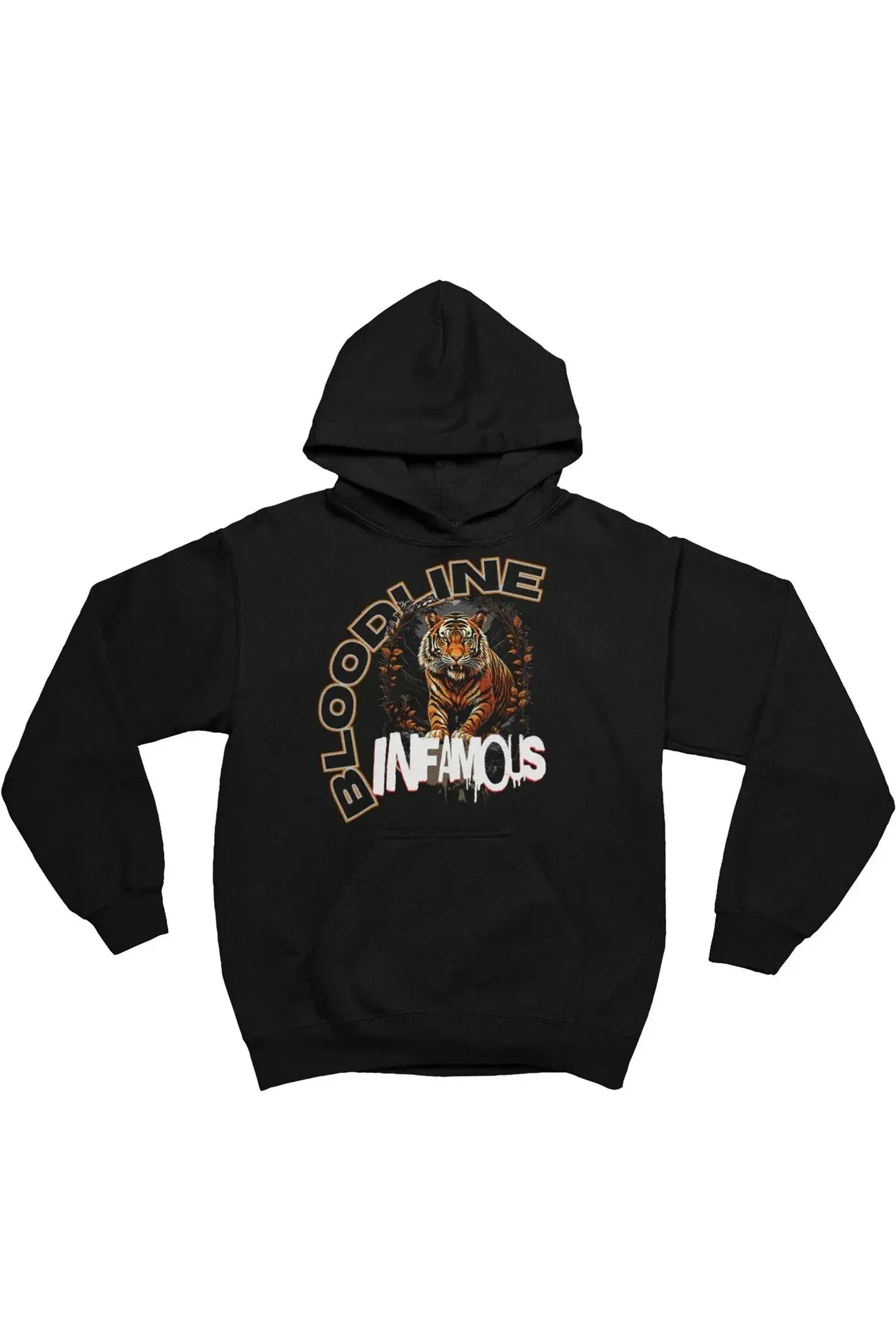 A black pullover hoodie with a graphic on the chest featuring a tiger and the words 'BLOODLINE INFAMOUS' in stylized lettering, shown against a plain white background.