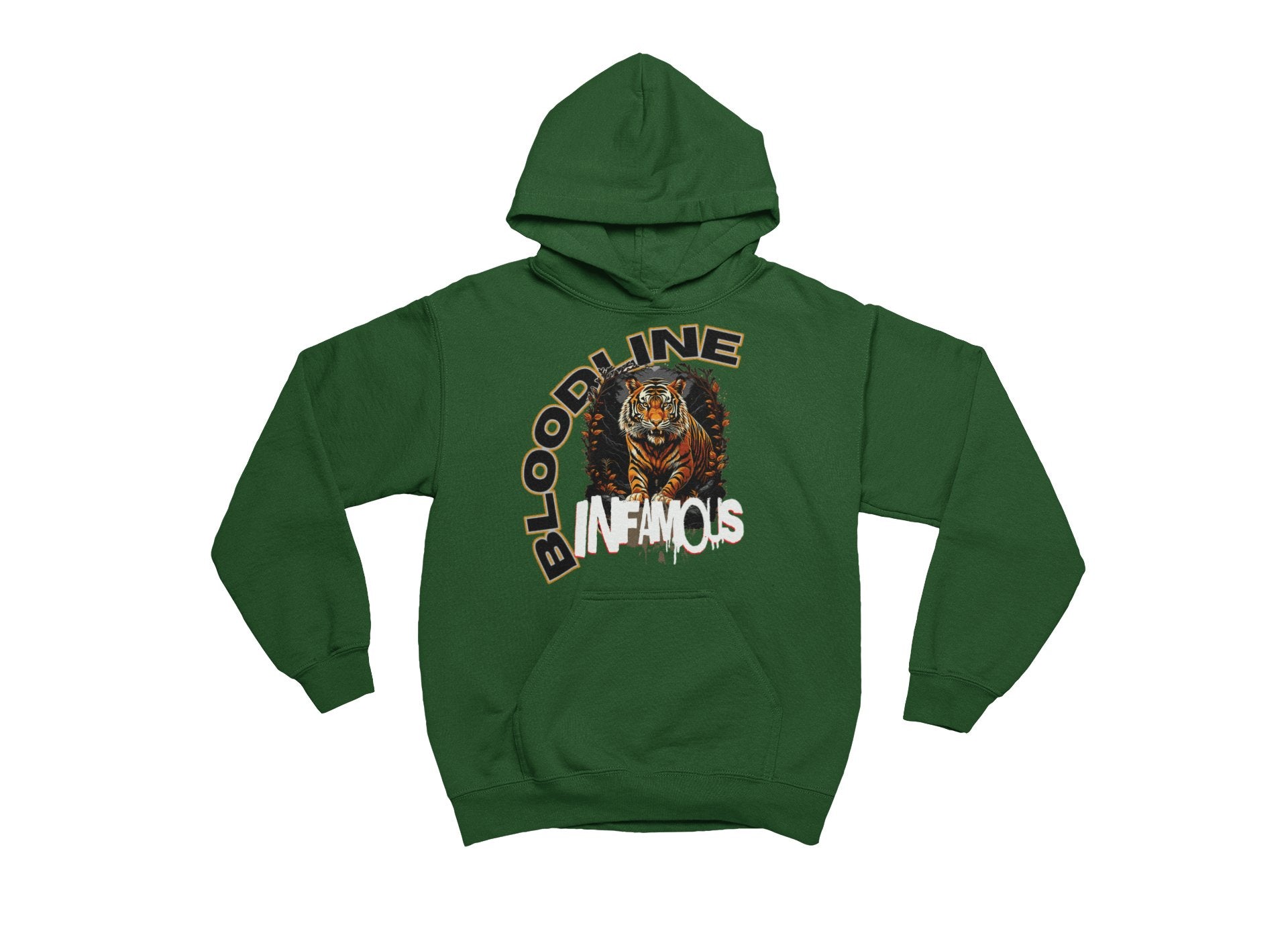 Green hoodie with 'Bloodline Infamous' tiger design on a white background