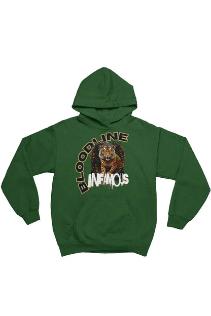A green pullover hoodie featuring a front graphic with a tiger illustration and the text 'BLOODLINE INFAMOUS' in stylized lettering, shown against a plain white background.