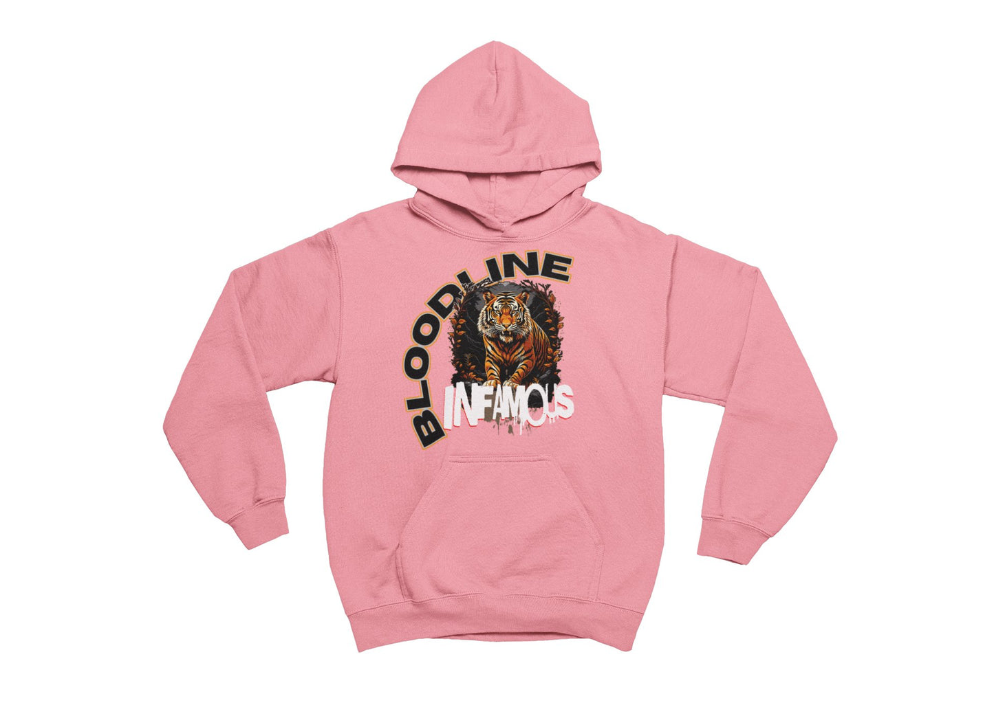 Heliconia hoodie with tiger graphic and text on a white background