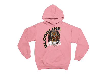 Heliconia hoodie with tiger graphic and text on a white background