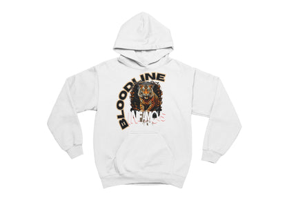 White hoodie with a tiger graphic and text on a white background