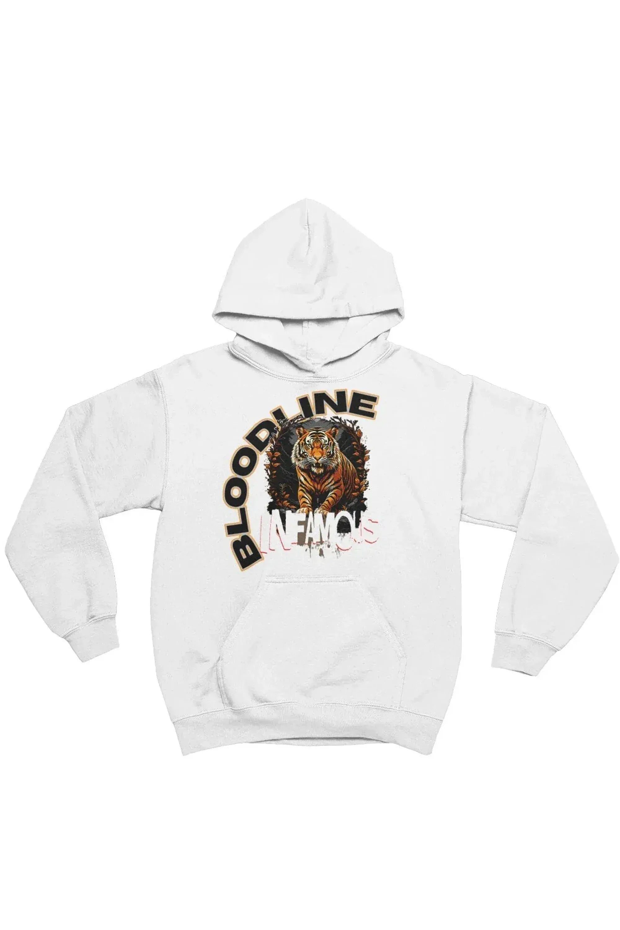 A white pullover hoodie featuring a graphic print on the front with a tiger illustration and the text 'BLOODLINE' in black, orange, and white.