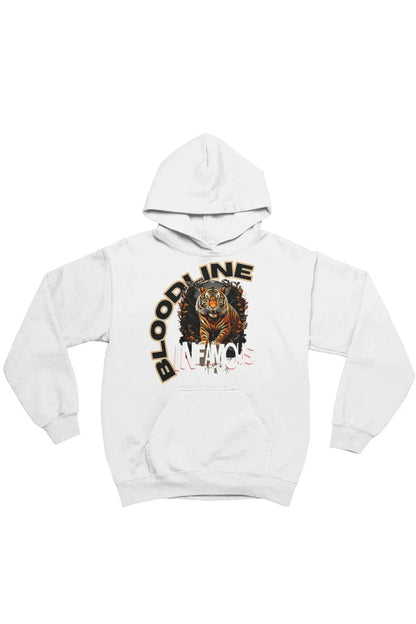 A white pullover hoodie featuring a graphic print on the front with a tiger illustration and the text 'BLOODLINE' in black, orange, and white.