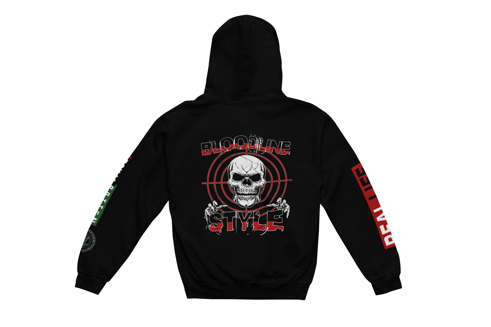 Black hoodie with graphic designs on the back and sleeve, featuring a skull and text.