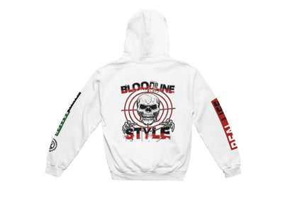 White hoodie with 'Bloodline Style' graphic on a white background