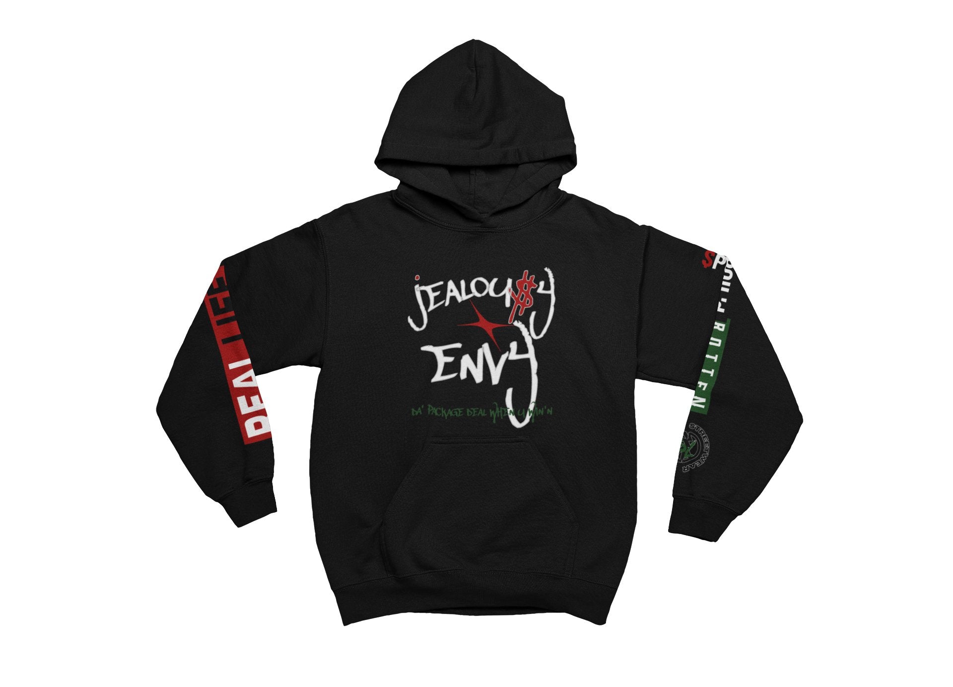 Black hoodie with text and graphics on sleeves against a white background