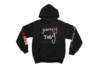 Black hoodie with text and graphics on sleeves against a white background