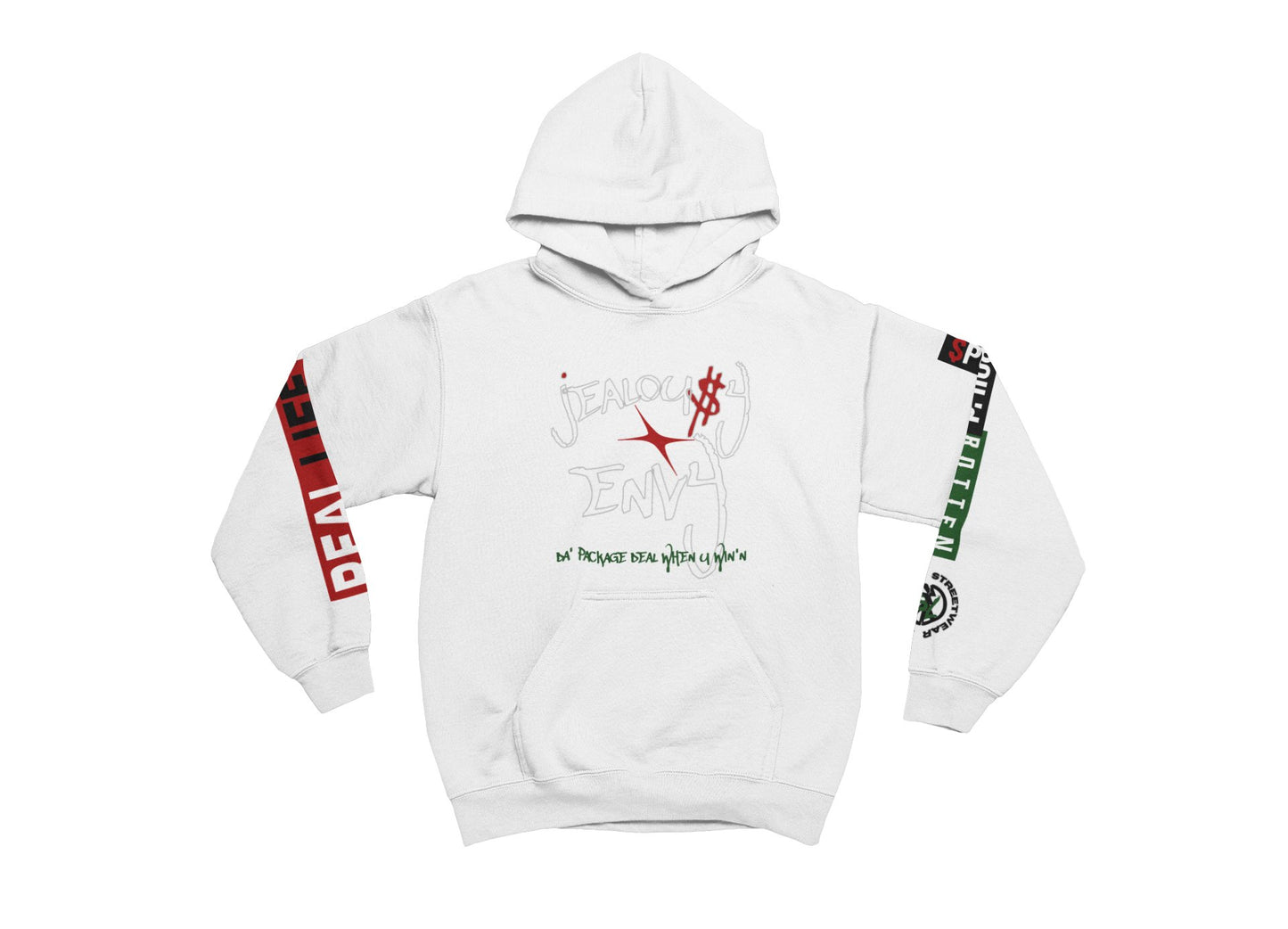 White hoodie with red and green text and graphics on a white background