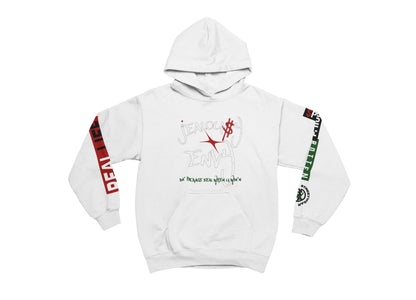 White hoodie with red and green text and graphics on a white background