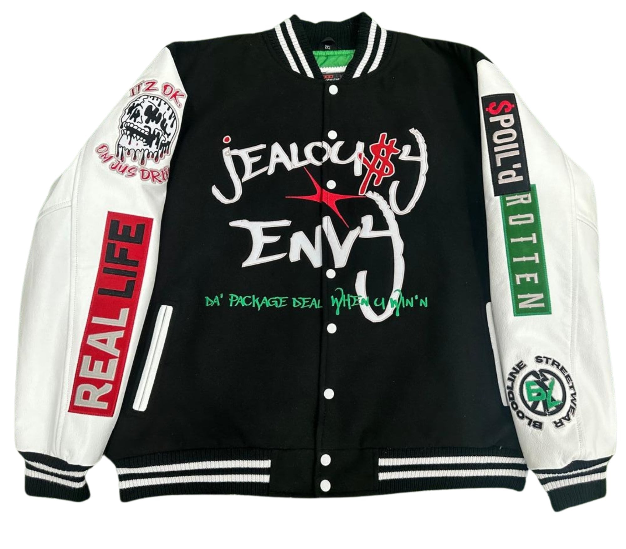 Black varsity jacket with white sleeves featuring various text and graphics on a white background