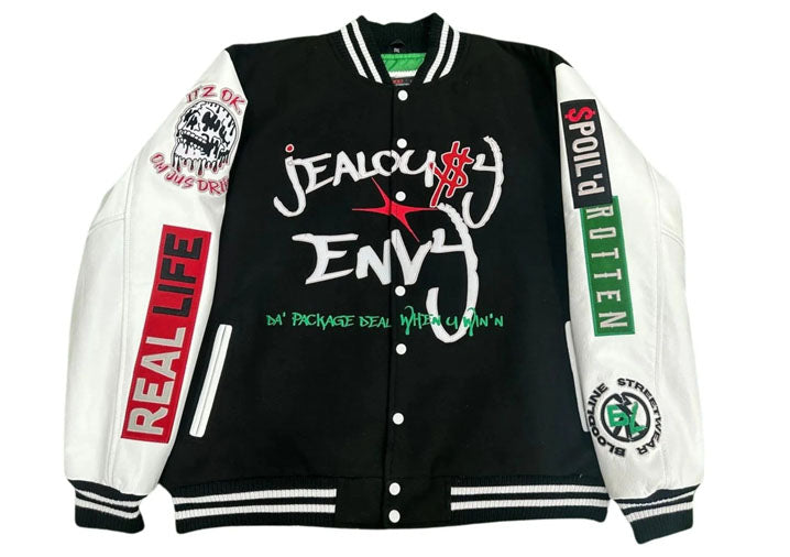 Black and white varsity jacket with colorful text and graphics on a white background