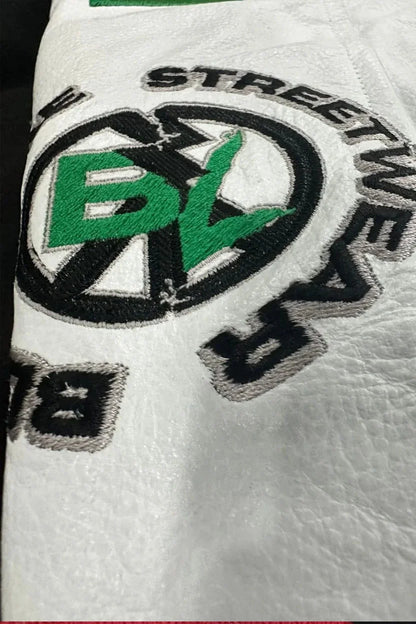Close-up of a logo with 'BL' initials on a white background