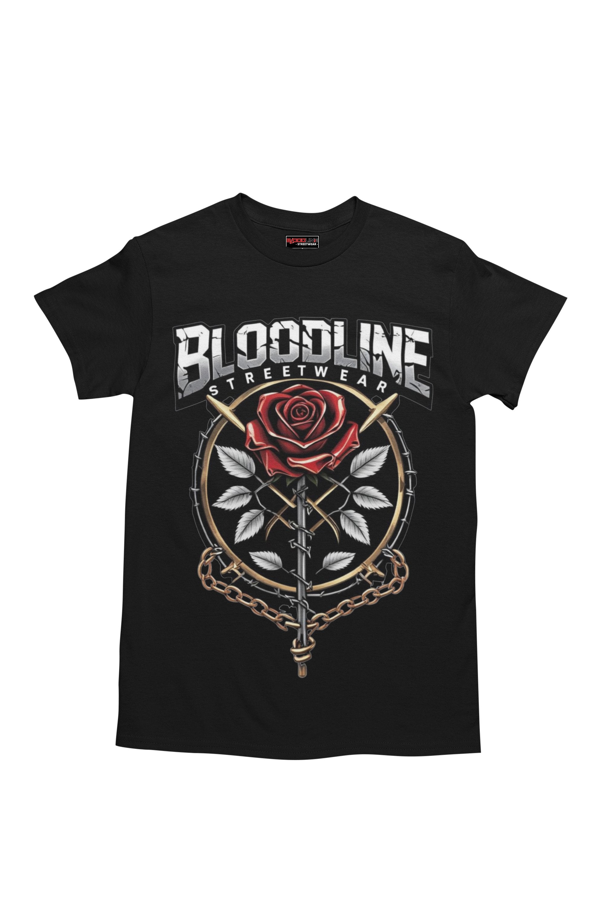 Black t-shirt with a rose and chain design and 'Bloodline Streetwear' text on a white background