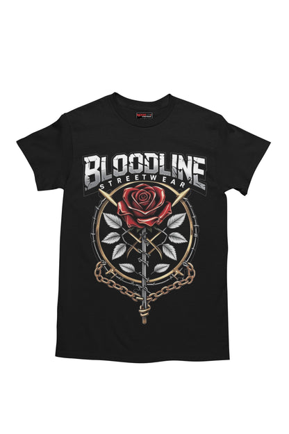 Black t-shirt with a rose and chain design and 'Bloodline Streetwear' text on a white background