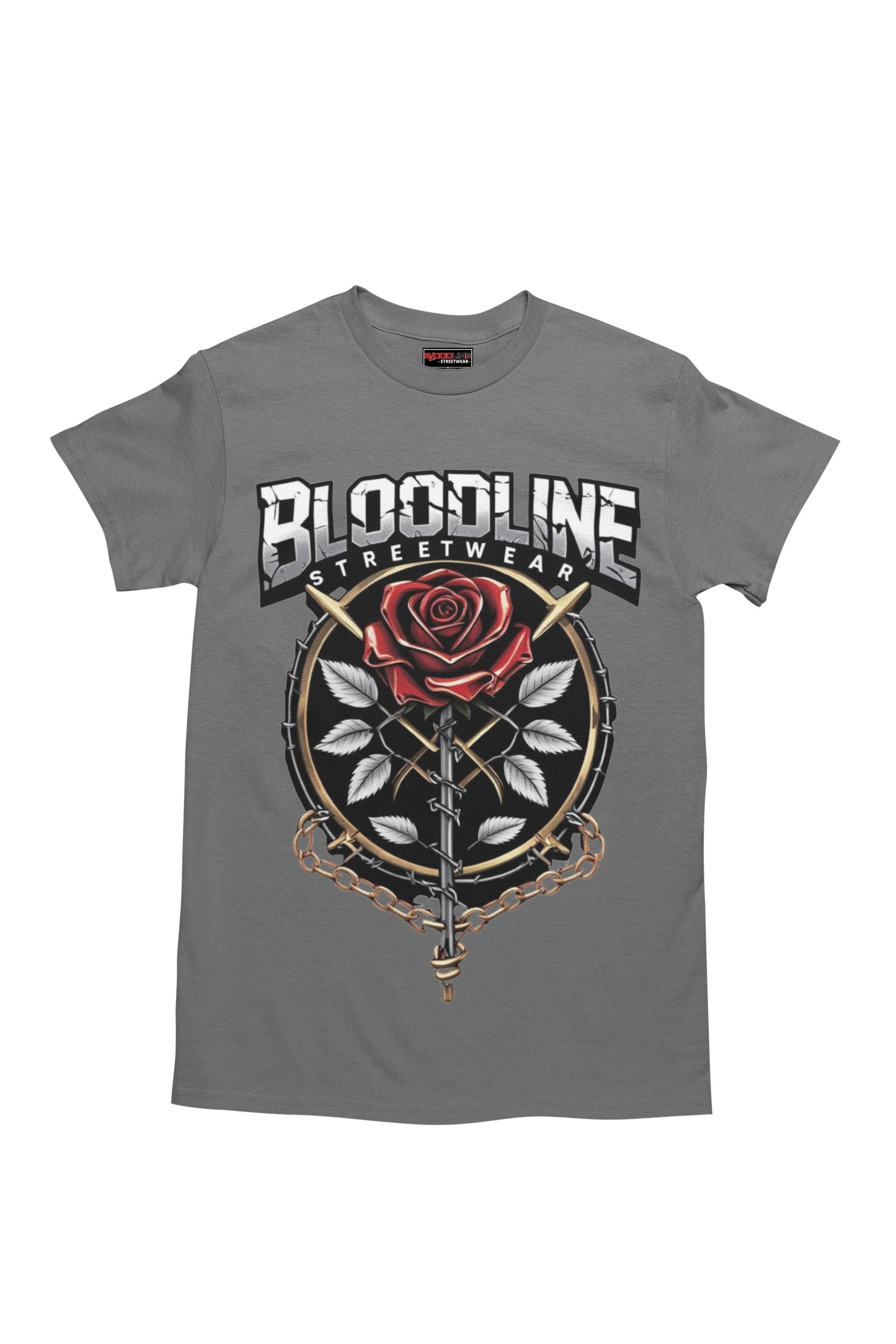 Charcoal t-shirt with a rose design and 'Bloodline Streetwear' text on a white background