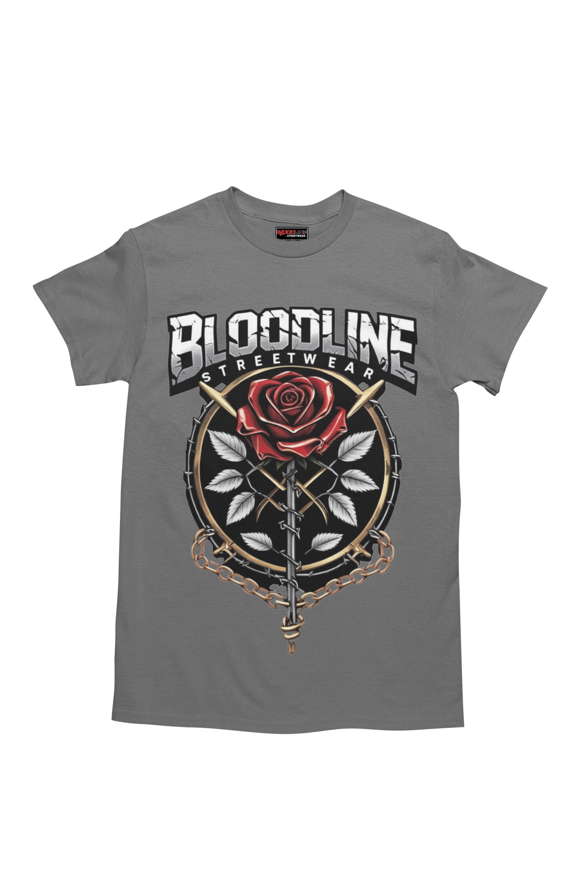 Charcoal t-shirt with a rose design and 'Bloodline Streetwear' text on a white background