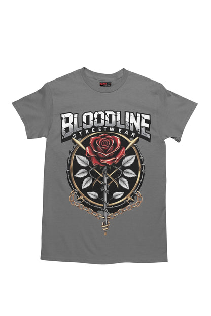 Charcoal t-shirt with a rose design and 'Bloodline Streetwear' text on a white background