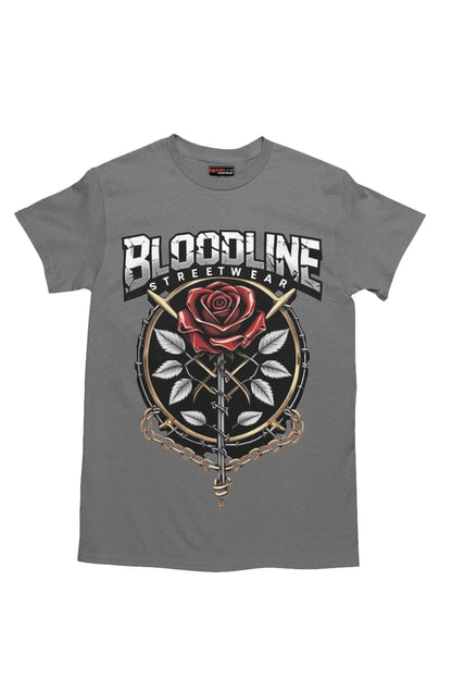 Gray t-shirt with 'Bloodline Streetwear' design featuring a rose and crossed swords on a white background.