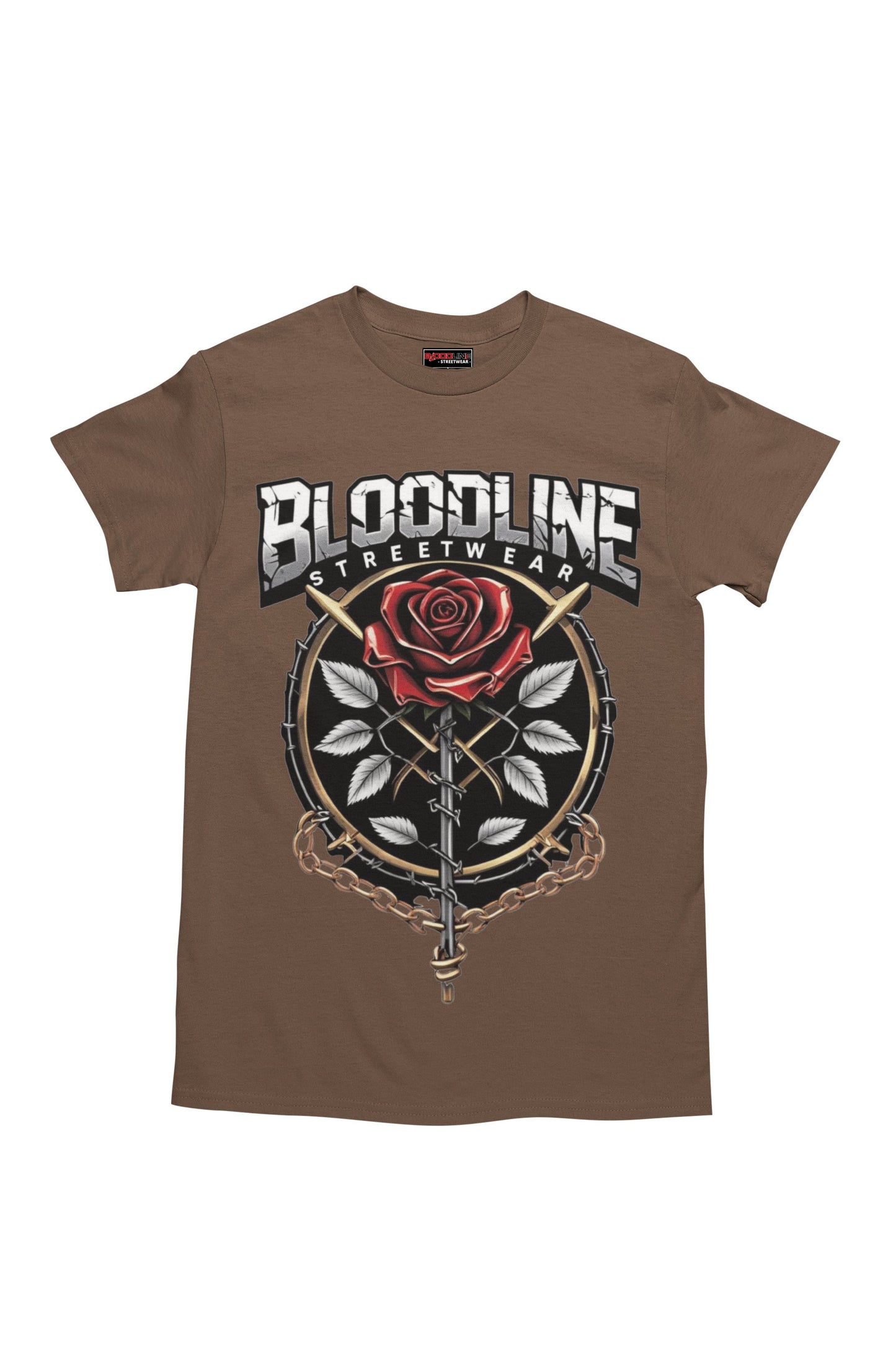 Choco t-shirt with 'Bloodline Streetwear' design featuring a rose and cross on a white background