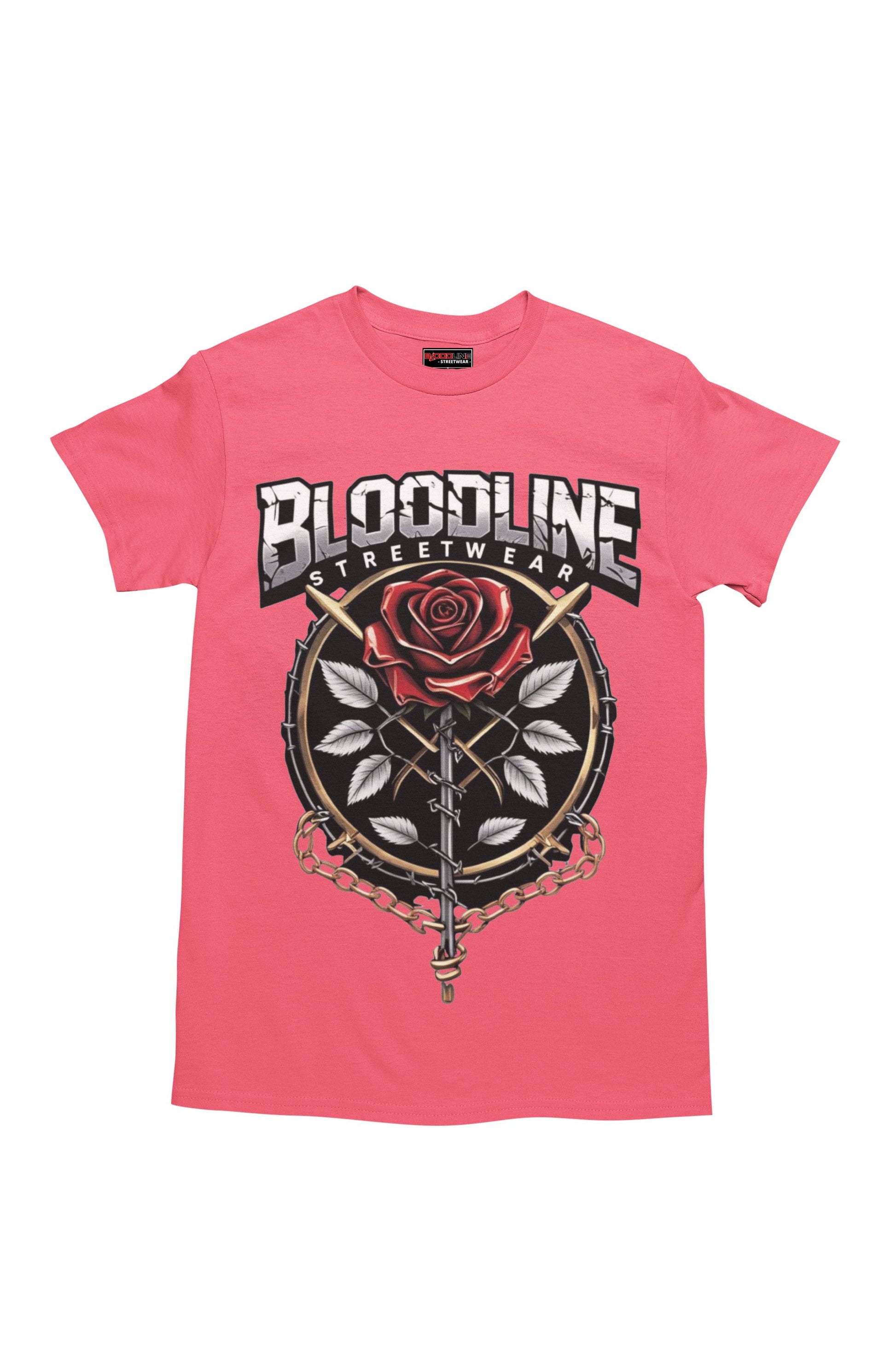 Heather red t-shirt with a rose design and 'Bloodline Streetwear' text on a white background