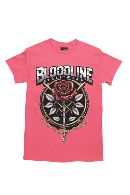 Pink t-shirt with 'Bloodline Streetwear' design featuring a rose and crossed swords on a white background.
