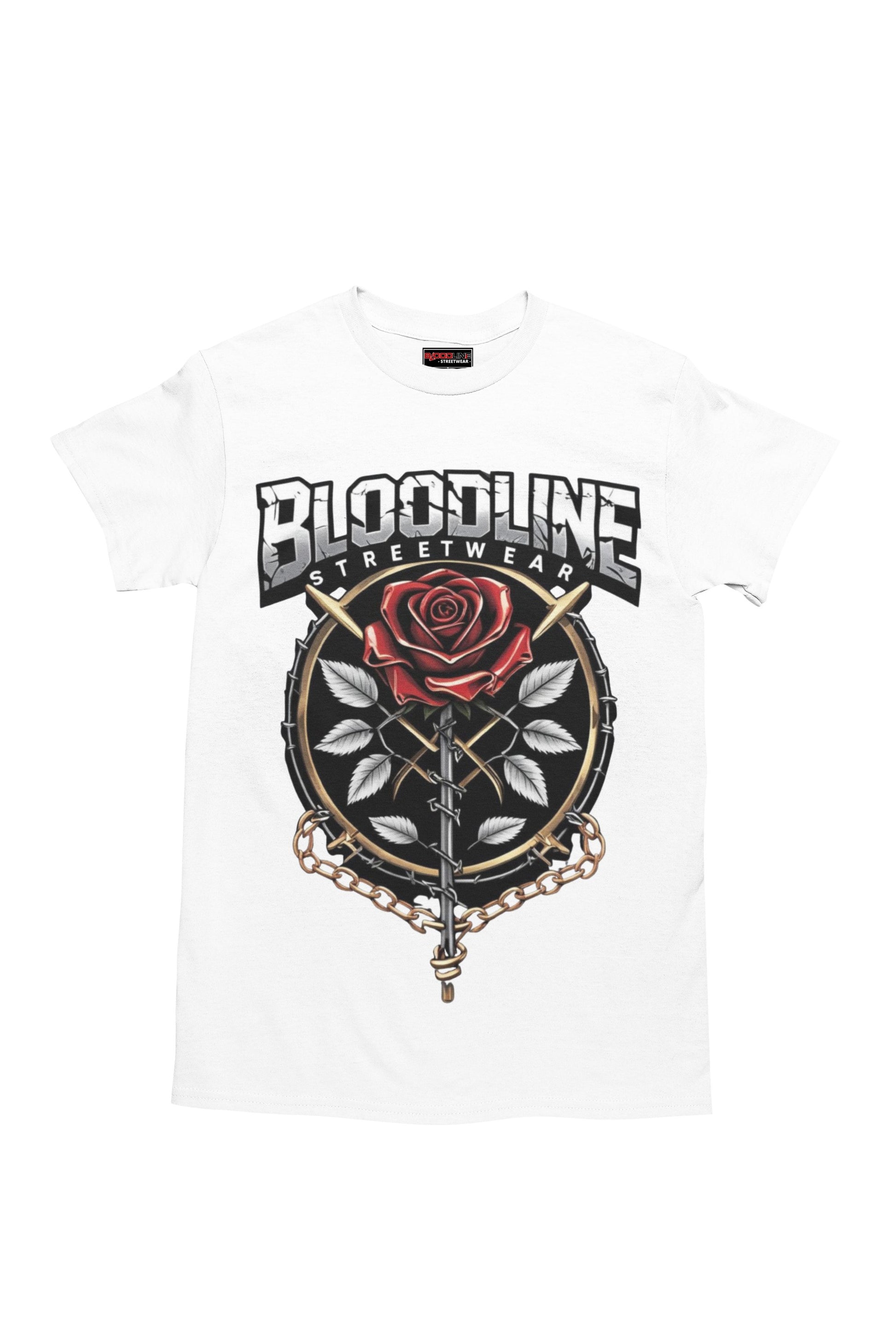 White t-shirt with a black graphic design featuring a rose and text on a white background