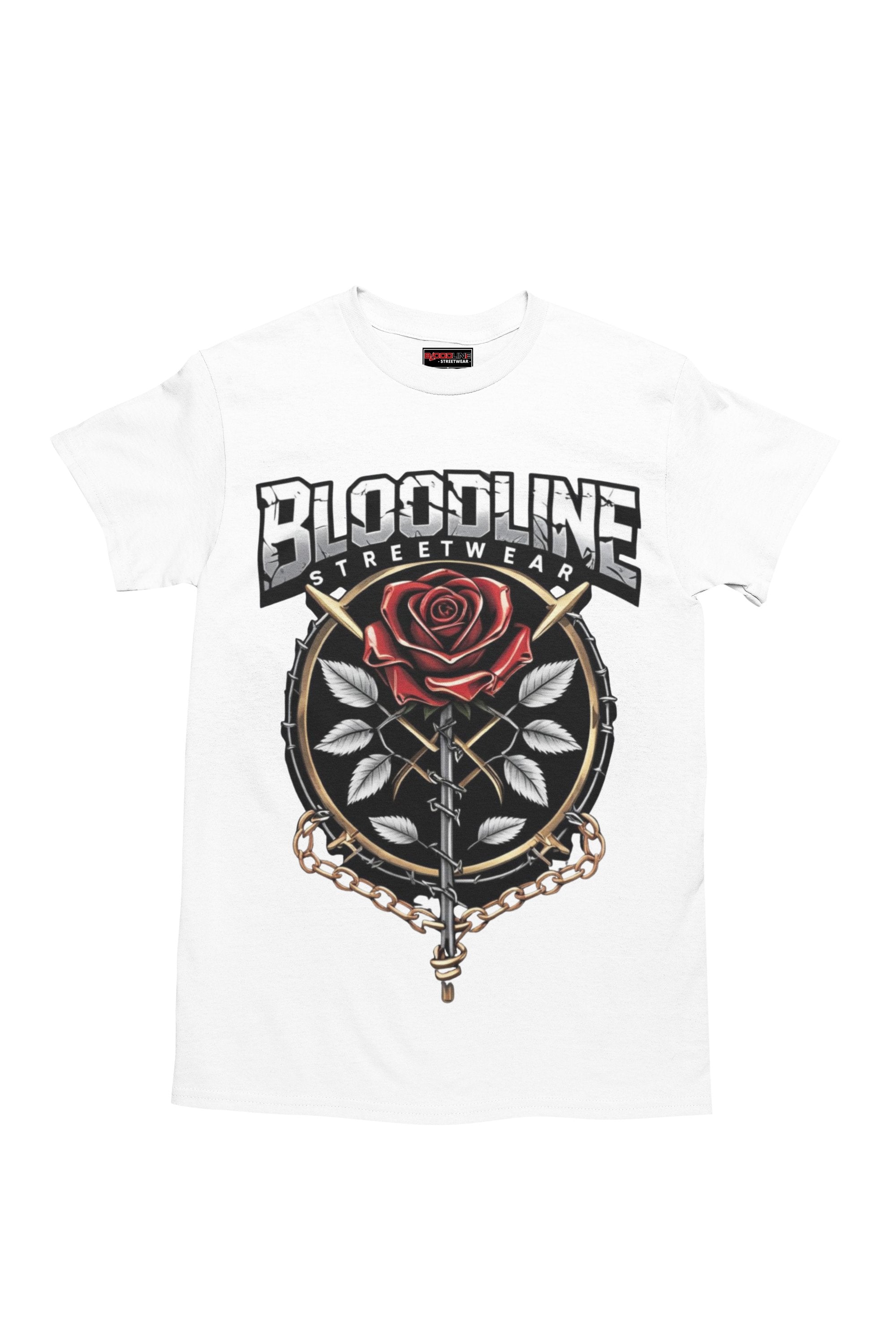 White t-shirt with a black graphic design featuring a rose and text on a white background